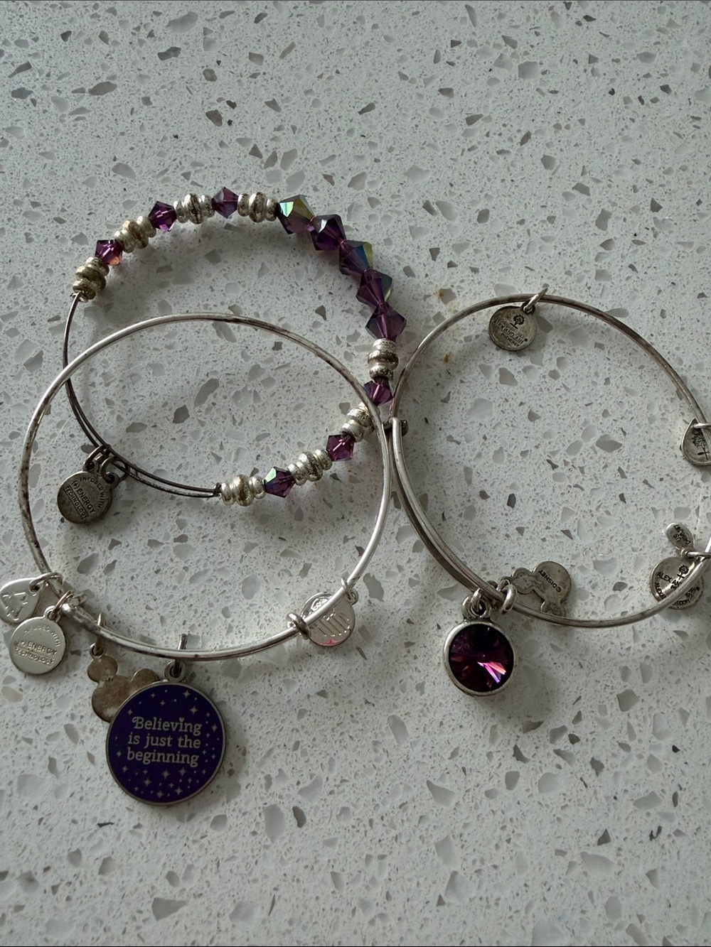 Disney Alex and Ani Silver-Tone Bangle Trio with Purple Crystal Accents